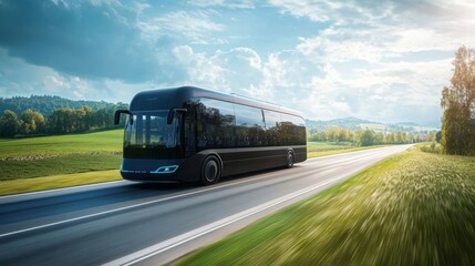 Poster - An electric transport vehicle glides smoothly along a picturesque highway surrounded by vibrant fields and hills.