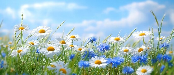 Wall Mural - Vibrant Meadow with Daisies and Blue Cornflowers under Blue Sky and Clouds