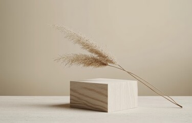Poster - Minimalist Wooden Cube and Dried Pampas Grass on Beige Surface for Beauty Product Display