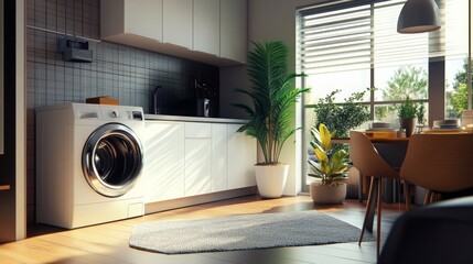 Leinwandbilder - This stylish laundry area features a contemporary washing machine, sleek cabinets, and a bright kitchen space filled with plants. Sunlight streams through large windows, enhancing the warmth.
