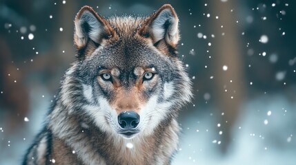 Wall Mural - A wolf with piercing eyes stares directly at the camera with a blurred snowy forest background.