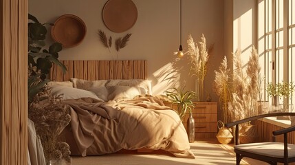 Sticker - Sunlit Bedroom With Wooden Bed And Pampas Grass Decor