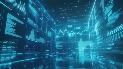 Poster - A sleek blue financial data chart with fluctuating graphs and digital data, ideal for use as a background in a bank branch or financial institution