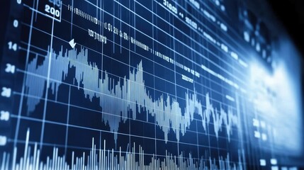 Poster - A sleek blue financial data chart with fluctuating graphs and digital data, ideal for use as a background in a bank branch or financial institution