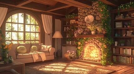 Wall Mural - Cozy Cottage Living Room With Fireplace And Bookshelves