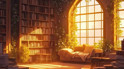 Wall Mural - Sunlit Library with Books and Cozy Seating Area