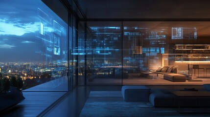 Aufkleber - A sleek high-rise apartment showcases advanced technology integrated into its design, overlooking a vibrant cityscape at twilight.