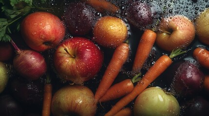 Poster - Juicy red and green apples along with orange carrots are soaking in water, creating a refreshing setting for making healthy juice. The colors and textures are vibrant and appealing.