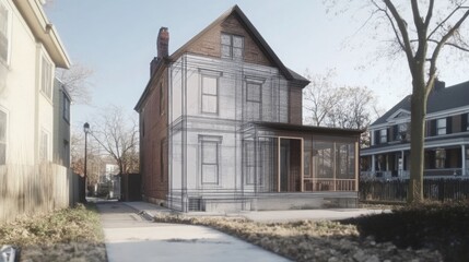 Aufkleber - A conceptual representation of a residential property showcasing an architectural design process. The structured outline highlights potential renovations while situated on a quiet suburban street.