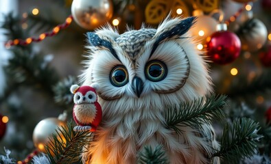 owl christmas Christmas tree with balls, garland and toy owl in moscow  animal, decoration, season, bird