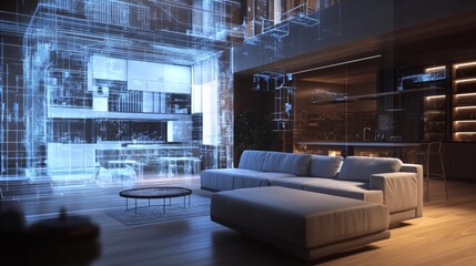 Aufkleber - A spacious living room showcases advanced real estate design elements with digital overlays.