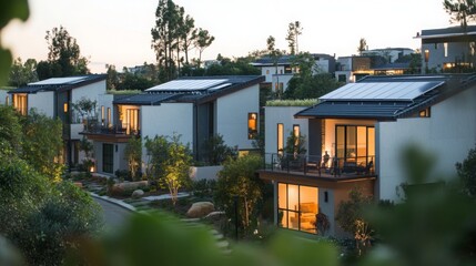 Poster - This tranquil residential area showcases contemporary homes featuring solar panels on the roofs. Soft lights illuminate the interiors, highlighting the eco-friendly design in a serene neighborhood.