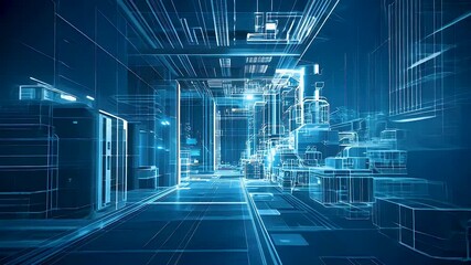 Futuristic 3D architecture sketch with glowing lines and structures, emphasizing high tech interior design and innovative technology in digital blueprint of modernity.