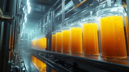Poster - Inside a contemporary juice manufacturing facility, rows of transparent jars filled with bright orange juice are neatly lined up.