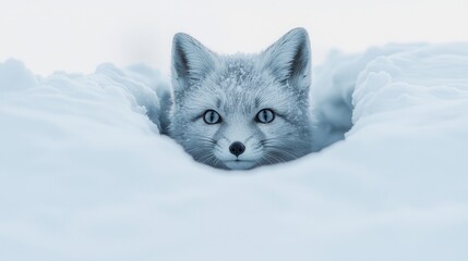 A small white fox is peeking out from under a pile of snow