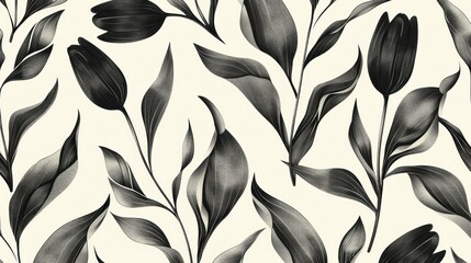 Sticker - Black and white floral patterns featuring elegant leaves and tulip shapes on a light background, suitable for various design applications.