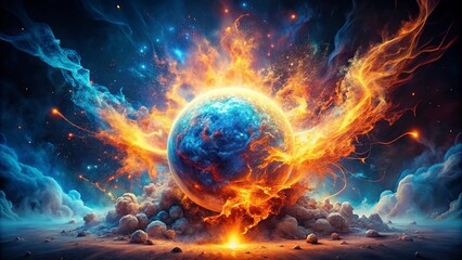 Wall Mural - a fiery celestial sphere engulfed in flames against a backdrop of swirling clouds and celestial bodi