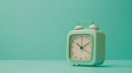 Mint green alarm clock on teal background.