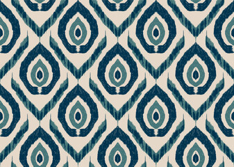 Wall Mural - Vector illustration of a teardrop Ikat pattern in blue and cream tones. The pattern is characterized by symmetry.  For design work, textiles, backgrounds, decorations, culture, tribes, nature.