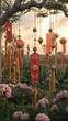 © Ross - Elegant Red and Gold Wind Chimes Hanging in a Lush Garden Setting Amidst Blooming Flowers at Sunset - Nature Serenity Harmony Art Outdoor Decor Inspiration