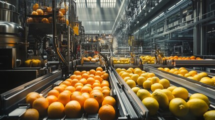 Fototapete - In a modern juice factory, bright oranges and lemons are lined up on conveyor belts as machines prepare them for juice extraction.