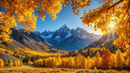 Wall Mural - Breathtaking Autumn Landscape Showcasing Vibrant Yellow Foliage Surrounded by Majestic Mountains Under a Clear Blue Sky, Perfect for Nature and Travel Enthusiasts