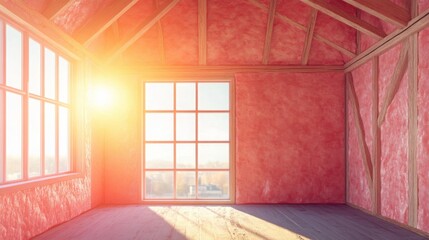 Poster - This interior space features warm sunlight streaming through large windows, highlighting the fresh pink walls and open layout. Ideal for showcasing potential real estate projects and designs.