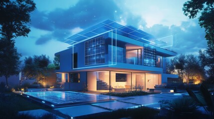 Poster - A modern property features solar panels and sleek designs illuminated at night. Surrounding landscaping enhances the futuristic ambiance, highlighting a blend of technology and sustainability.