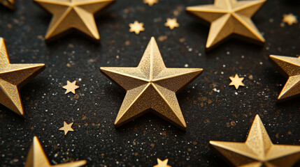 Canvas Print - Golden stars scattered on a dark textured surface create a festive atmosphere