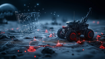 Fototapete - futuristic space rover exploring lunar landscape with data display