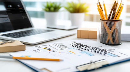 Poster - workspace with laptop, stationery, and charts for productivity
