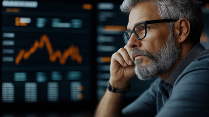 Fototapete - Thoughtful man analyzing financial data on screens in office