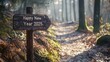 © Toqeer - A wooden signboard in a forest trail engraved with 'Happy New Year 2025.'
