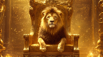 Lion sitting on a golden throne in a opulent setting. Opulent. Illustration