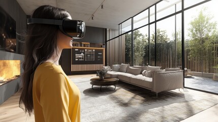 Aufkleber - A woman experiences virtual reality in a contemporary living room designed for real estate viewings. The spacious area features large windows, cozy furniture, and a warming fireplace.