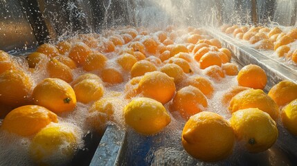 Fototapete - Bright yellow lemons are immersed in water, being thoroughly washed before juice extraction.
