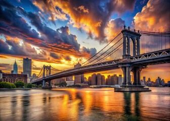 Wall Mural - Breathtaking View of the Manhattan Bridge at Sunset with Vibrant City Skyline Reflections and Dramatic Clouds Above the East River, Capturing Urban Landscape Beauty in New York City