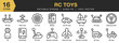 © spacepixel - RC Toys icon set. Editable Stroke Icon Collection. Includes battery, car rc, plane, powerbank, remote controller, and More. Outline icons vector collection.