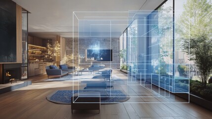 Aufkleber - Modern interior design showcases a spacious living room blending luxury and technology. AI-generated overlays illustrate potential layouts, enhancing real estate marketing and client engagement.