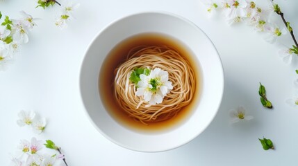 Wall Mural - 春をイメージした、白い背景に花が咲いたスープに入った麺の航空写真