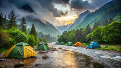 Wall Mural - Camping Tents Near a Mountain River in the Rainy Season, Showcasing Nature's Beauty and the Tranquil Atmosphere of Outdoor Adventures with Lush Greenery and Soft Rainfall