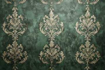 Green and gold floral wallpaper pattern with intricate details.