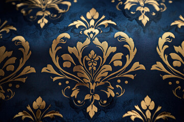 Gold and blue wallpaper with floral design.