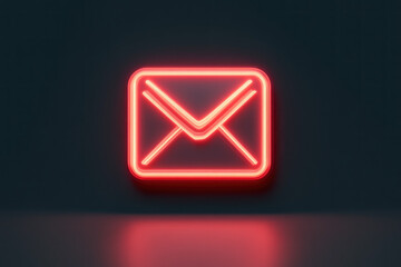 Neon sign with email icon glowing against a dark background.