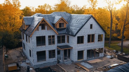 Poster - An expansive residential building under construction, featuring modern architecture and a beautiful fall backdrop. The site highlights the use of high-quality materials and craftsmanship.