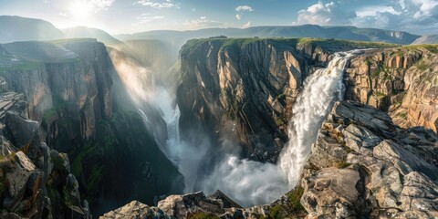 Wall Mural - A panoramic shot of a massive waterfall tumbling over rocky cliffs, with mist rising into the air, set against a backdrop of a serene mountain range during a sunny summer day. 