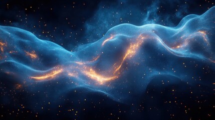 A stunning cosmic scene featuring swirling blue nebulae with bright golden accents, evoking the vastness and beauty of outer space.