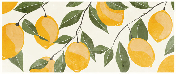 Wall Mural - abstract art background with hand drawn lemon tree in watercolor style. botanical banner with citrus