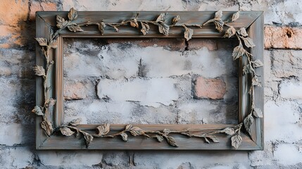 Wall Mural - A rustic wooden frame with a deep, weathered finish, featuring subtle, hand-carved details of vines and leaves. The frame is placed against a faded brick wall, giving it a nostalgic feel