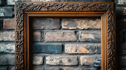 Wall Mural - A rustic wooden frame with a deep, weathered finish, featuring subtle, hand-carved details of vines and leaves. The frame is placed against a faded brick wall, giving it a nostalgic feel